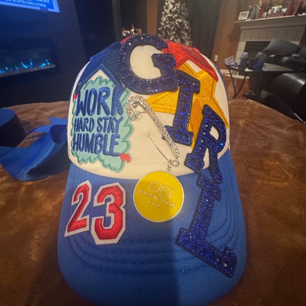 Work HARD Stay Humble “GIRL” Blue Cap with Multicolor Patches with detchable bow